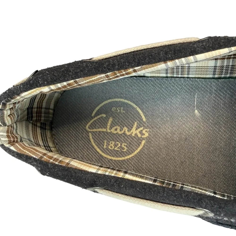 Clarks Boat Shoes 10M Navy Blue Suede Leather Plaid Lining 63561